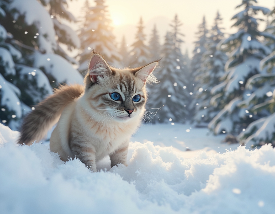 Cat explores a tranquil snowy landscape, its fur dusted with snowflakes as it observes the serene winter forest, bathed in the soft glow of the setting sun.

